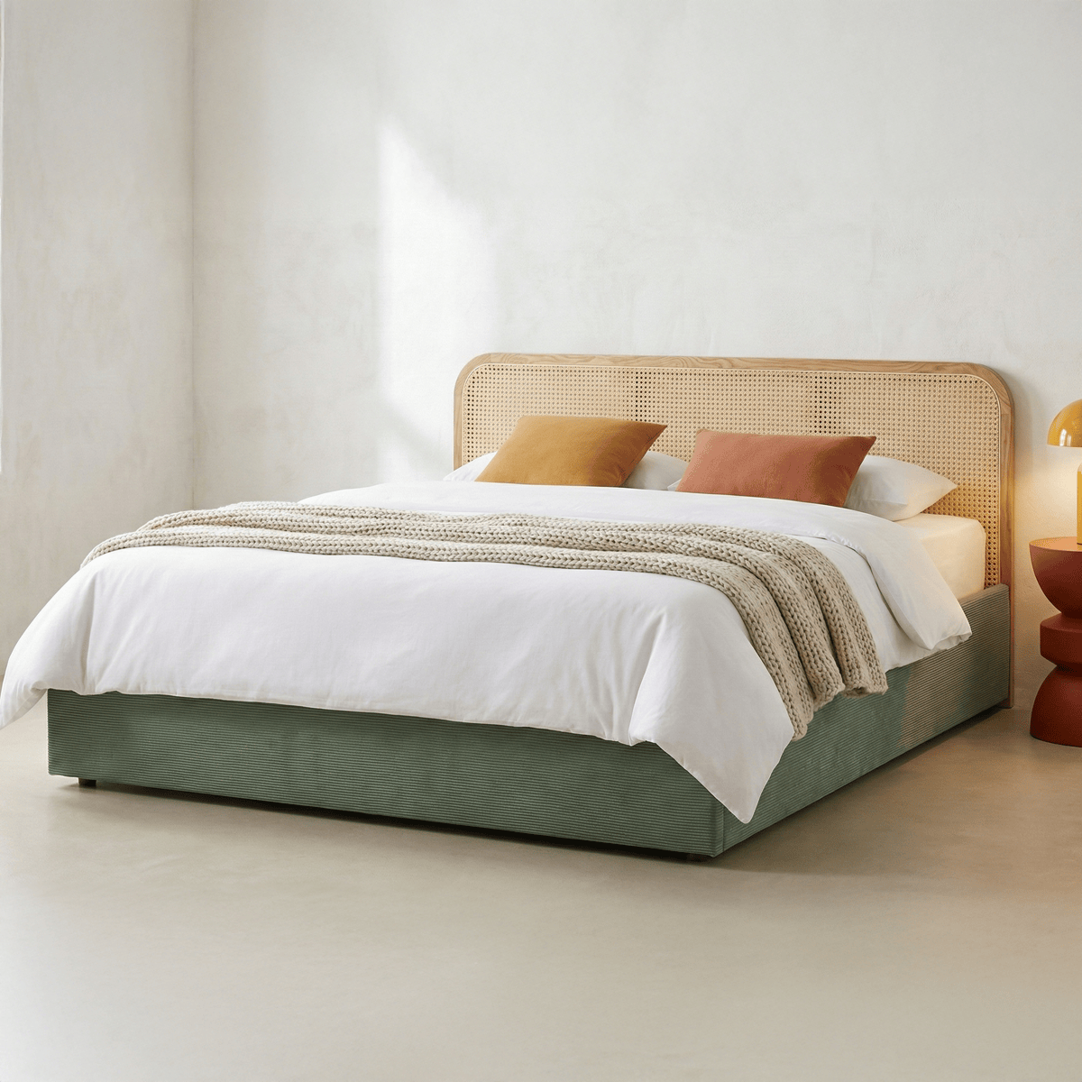 Elsa - Lit Coffre Adulte en Velours Côtelé Kaki avec Tête de Lit en Bois et Cannage - Vert
