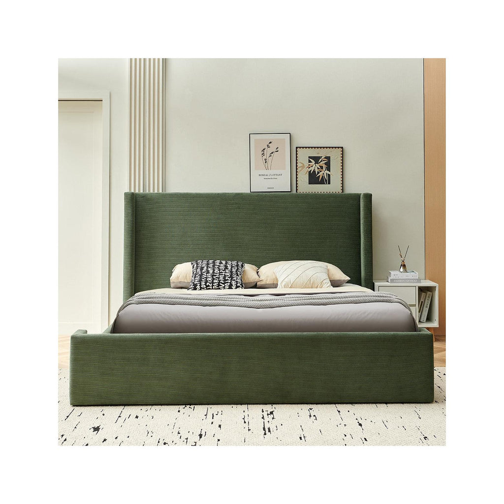 Frida - Lit Adulte 140x190 cm avec Tête de Lit Matelassée en Velours Côtelé - Vert Kaki