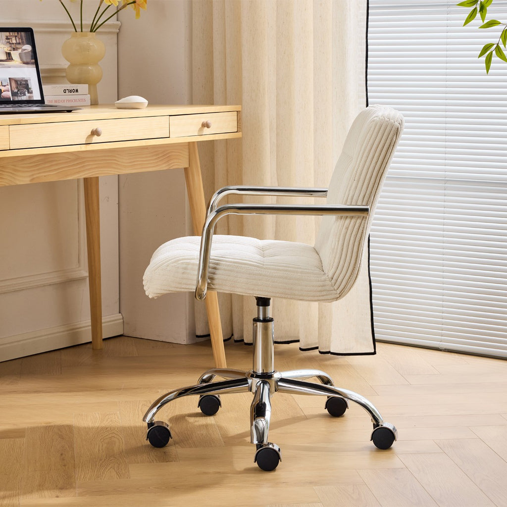 Nolan - Fauteuil de Bureau Capitonné, Pivotant et Réglable en Hauteur en Velours Côtelé - Beige