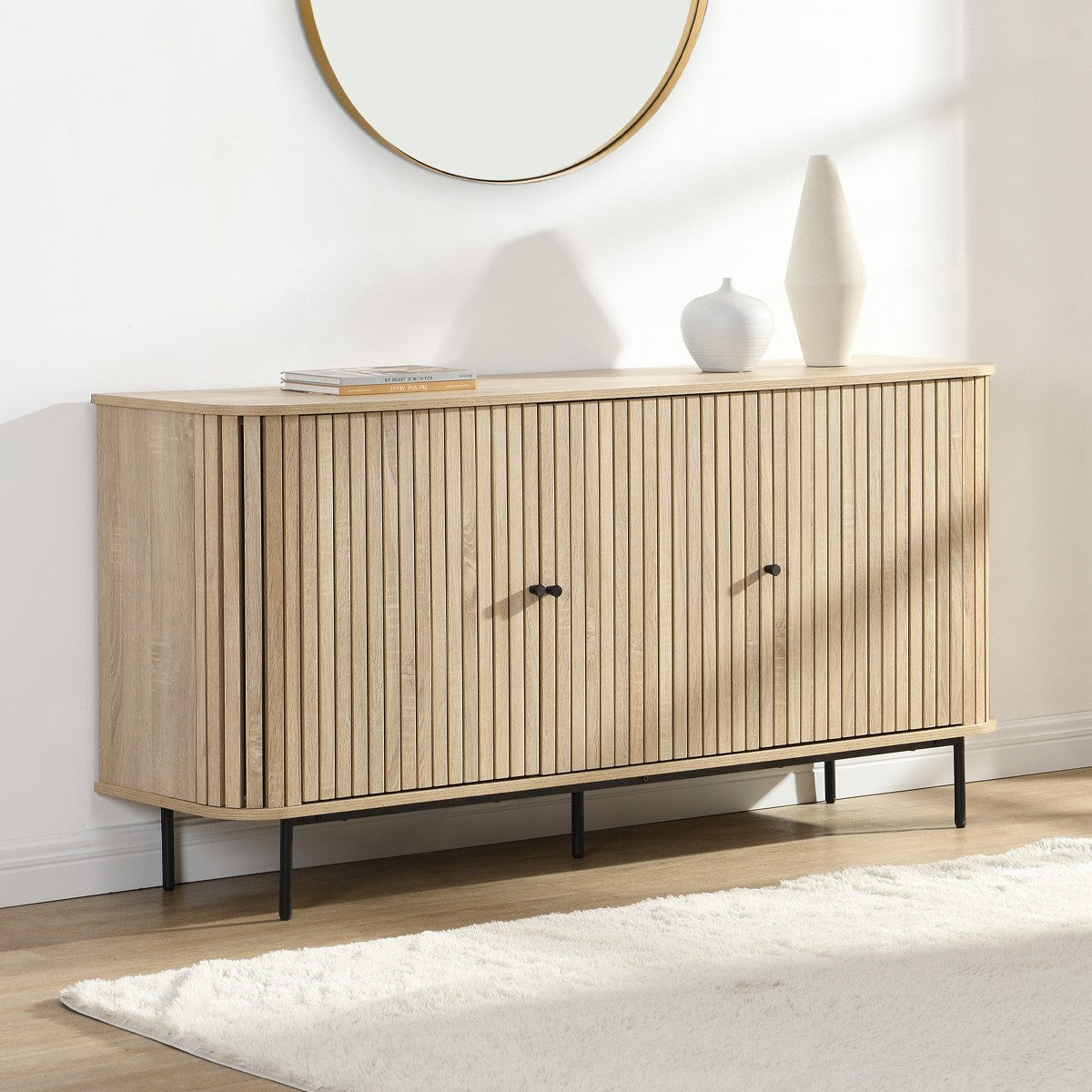 Solna - Buffet 3 Portes Rainurées Couleur Chêne L160xH78 cm - Bois Clair