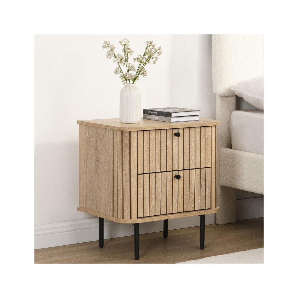 Solna - Table de Chevet 2 Tiroirs Rainurés Couleur Chêne L50xH55 cm - Bois Clair