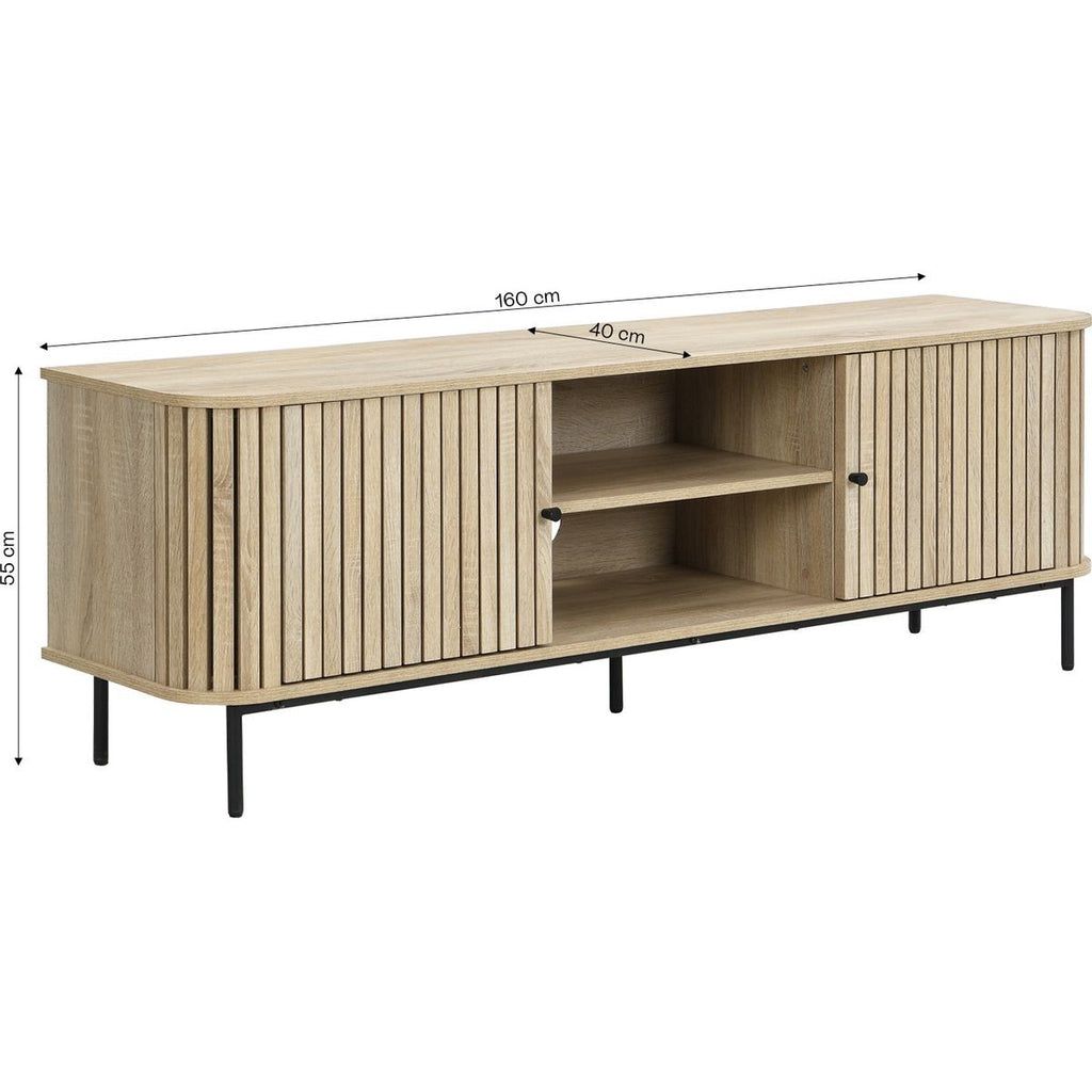 Solna - Meuble TV 2 Portes Rainurées Couleur Chêne L160xH55 cm - Bois Clair