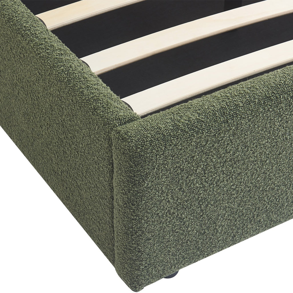 Suzon - Lit Coffre Adulte avec Tête de Lit Matelassée en Tissu Bouclé - Vert