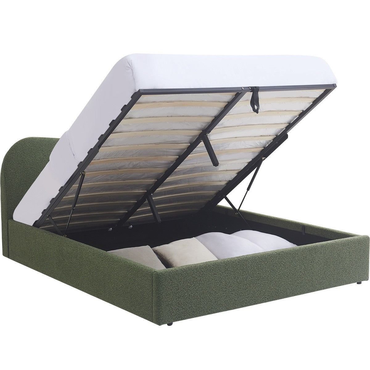 Suzon - Lit Coffre Adulte avec Tête de Lit Matelassée en Tissu Bouclé - Vert