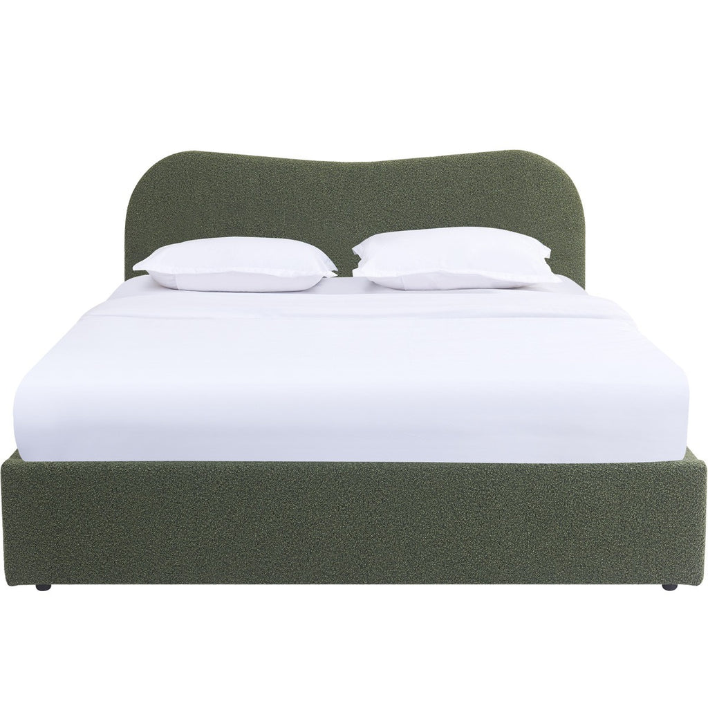 Suzon - Lit Coffre Adulte avec Tête de Lit Matelassée en Tissu Bouclé - Vert