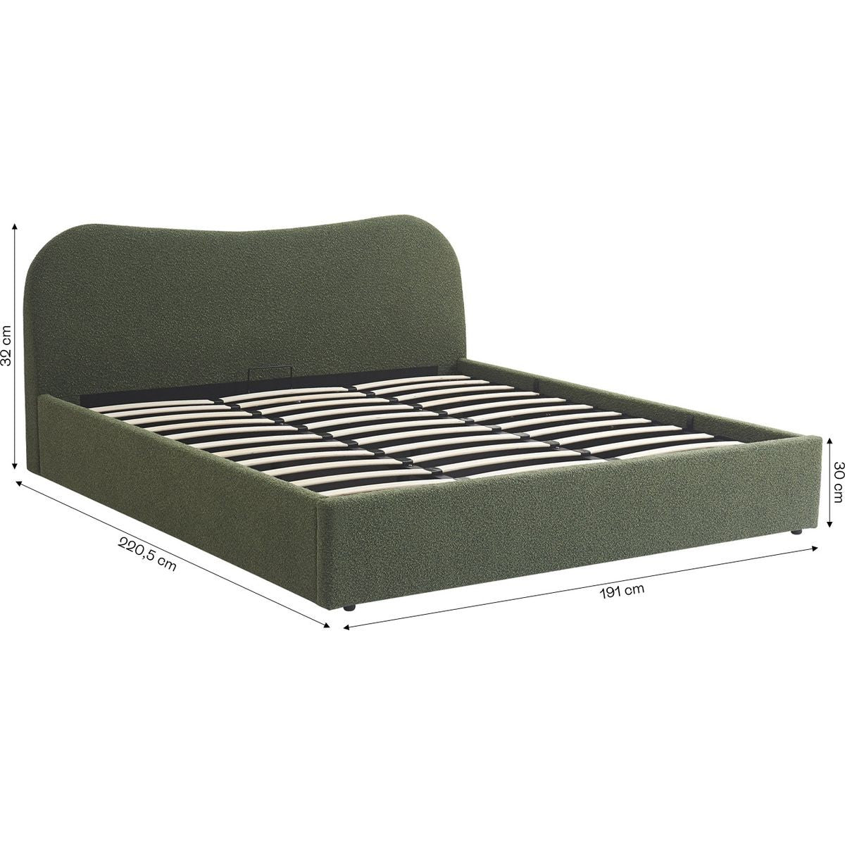 Suzon - Lit Coffre Adulte avec Tête de Lit Matelassée en Tissu Bouclé - Vert