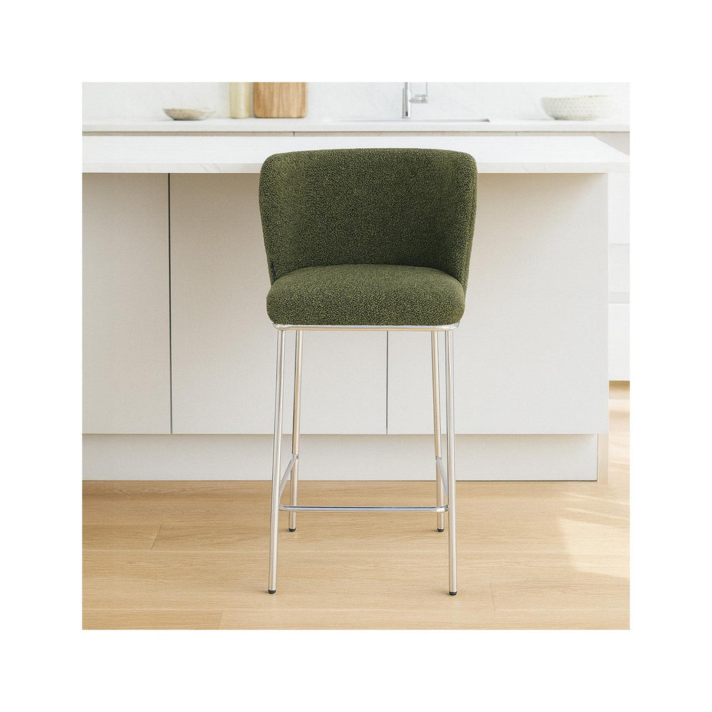Toma - Lot de 2 Tabourets de Bar en Tissu Bouclé, Piètement Chromé - Vert