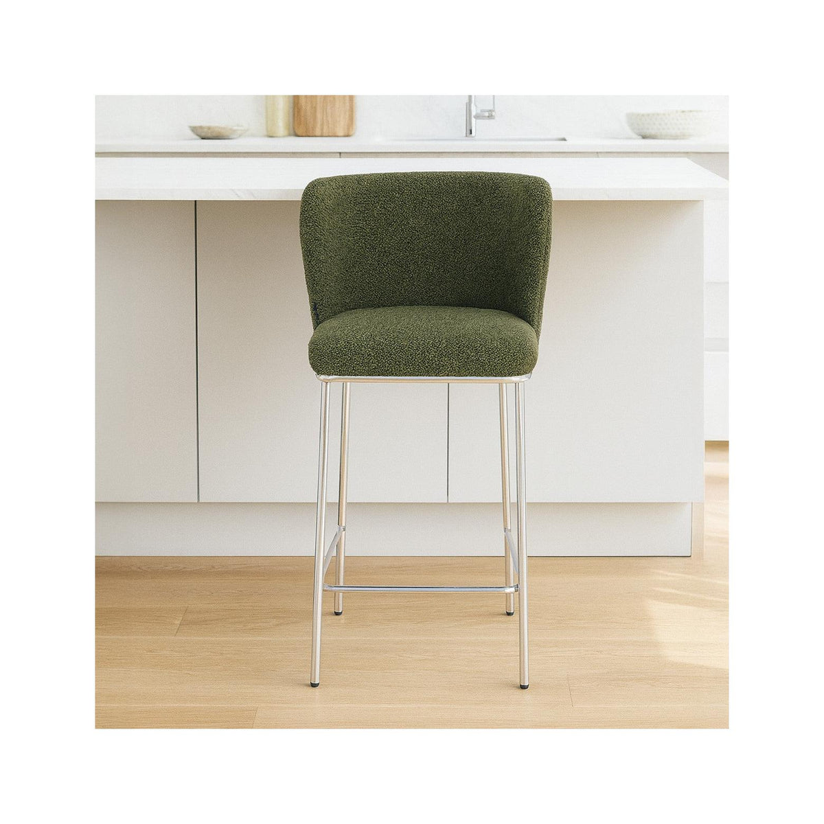 Toma - Lot de 2 Tabourets de Bar en Tissu Bouclé, Piètement Chromé - Vert