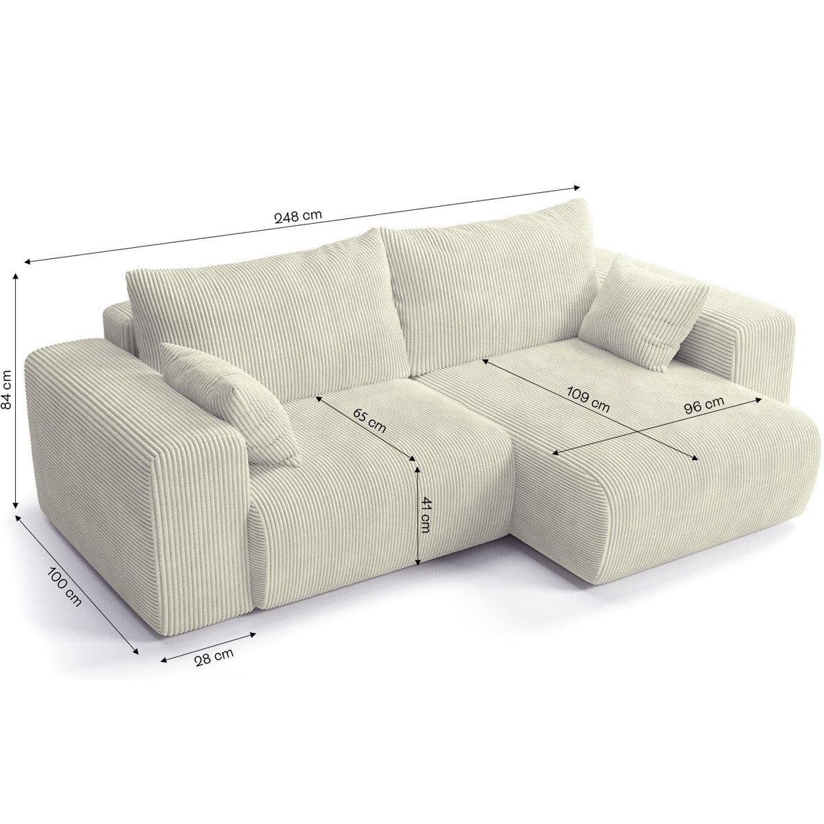 Amara - Canapé d'Angle Convertible Réversible 3 Places en Velours Côtelé - Beige