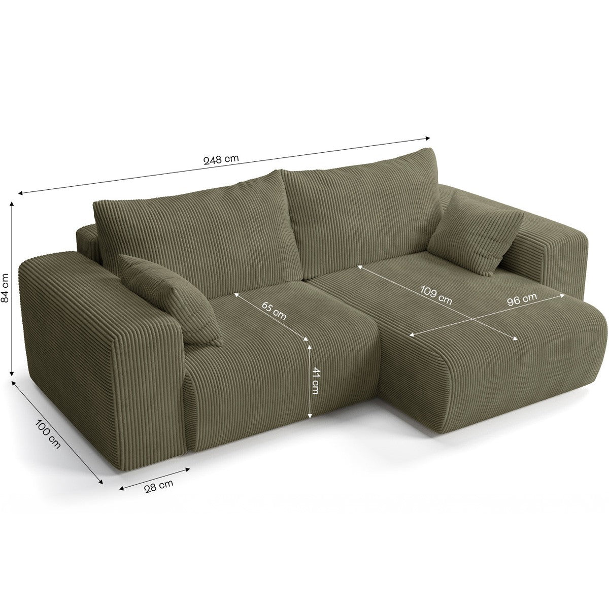 Amara - Canapé d'Angle Convertible Réversible 3 Places en Velours Côtelé - Vert Kaki