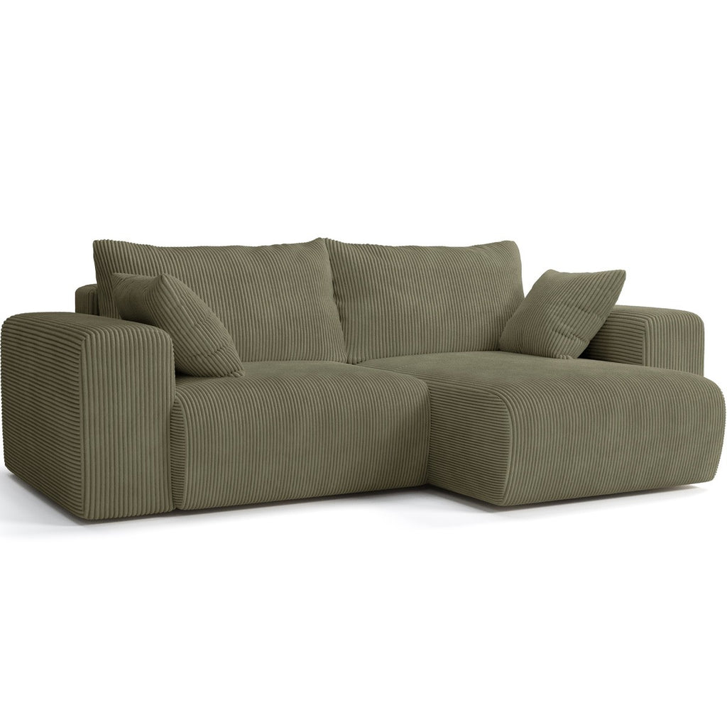 Amara - Canapé d'Angle Convertible Réversible 3 Places en Velours Côtelé - Vert Kaki