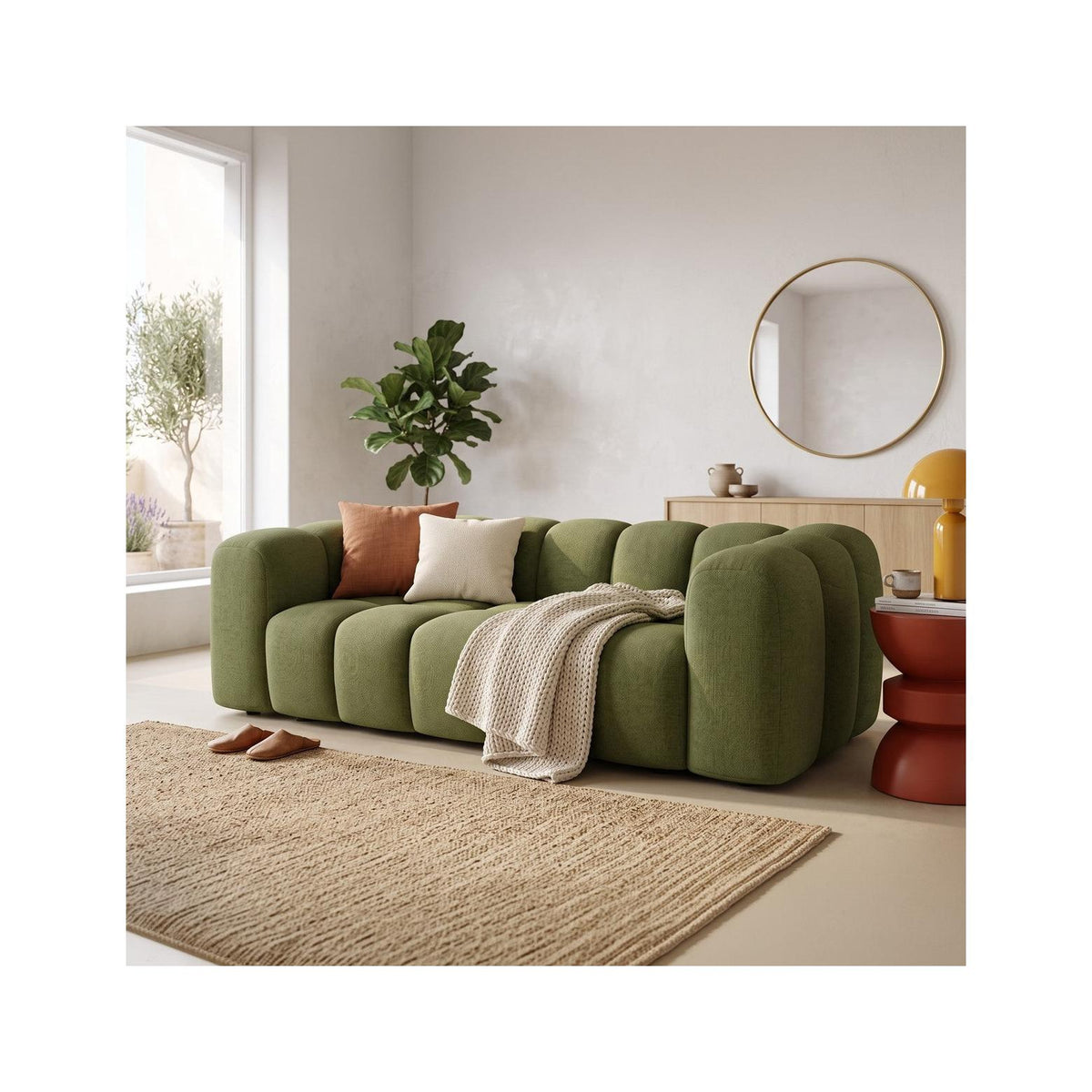 Belleville - Canapé Capitonné 3 Places en Tissu Chenille - Vert Olive