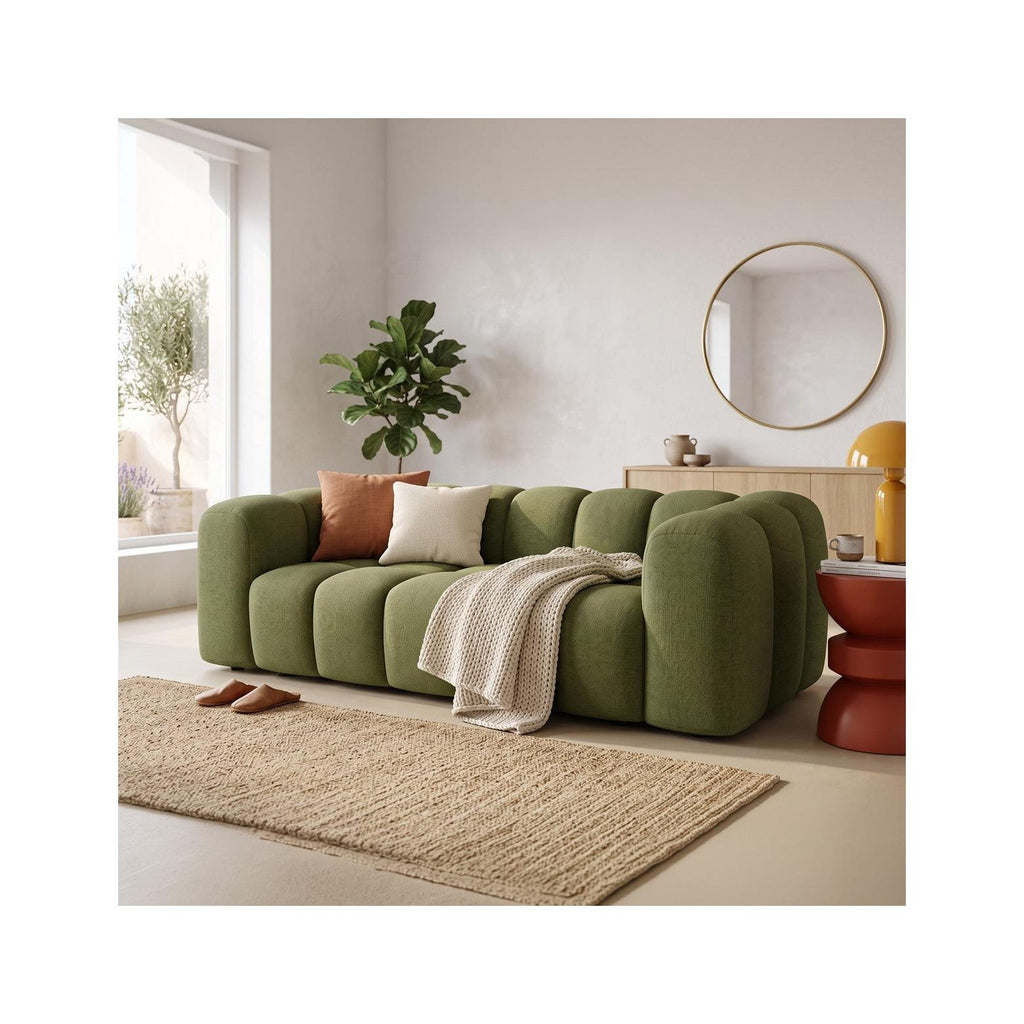 Belleville - Canapé Capitonné Convertible 3 Places en Tissu Chenille - Ouverture Express - Vert Olive