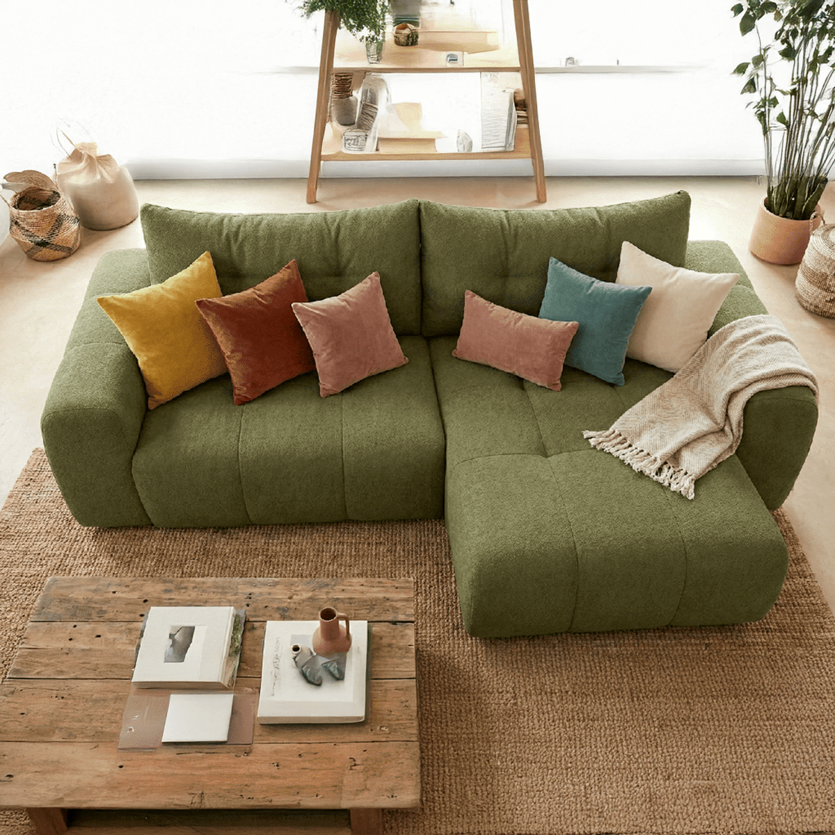 Alba - Canapé d'Angle Réversible Convertible 4 Places en Tissu Chenille - Vert Olive