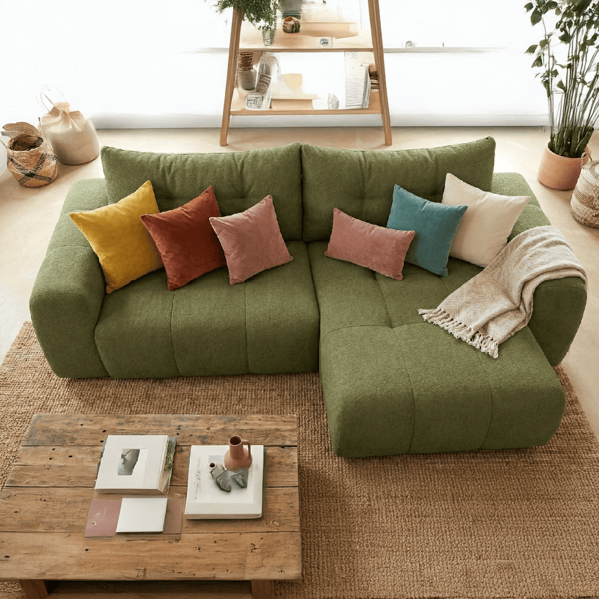 Alba - Canapé d'Angle Réversible Convertible 4 Places en Tissu Chenille - Vert Olive