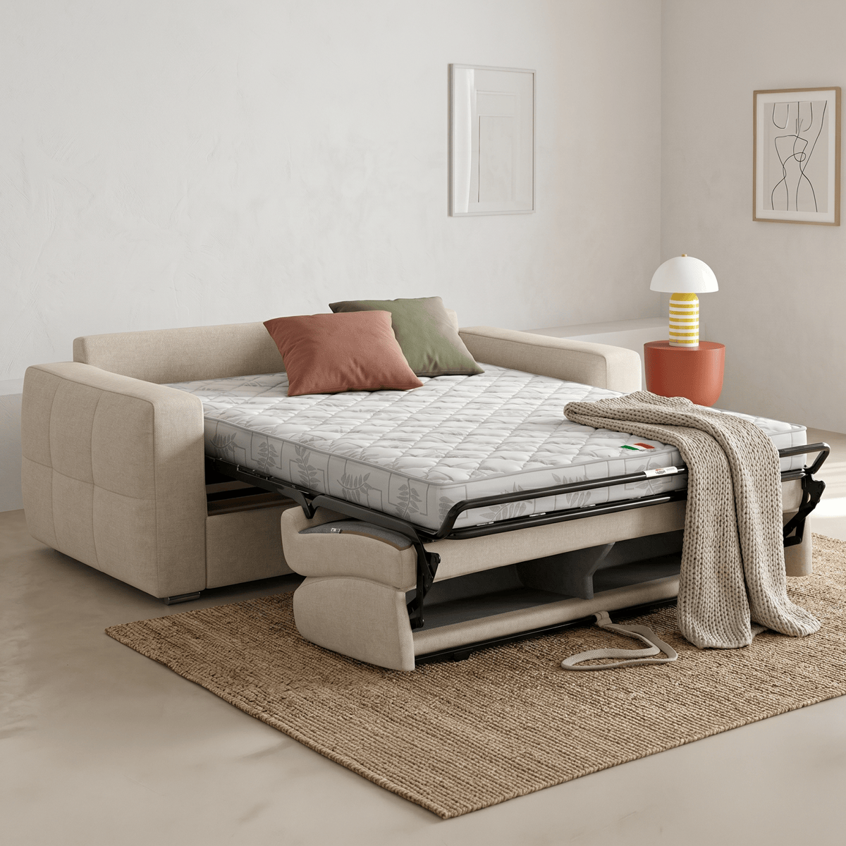 Cassian - Canapé Capitonné Convertible 3 Places en Tissu Chenille - Ouverture Express - Beige