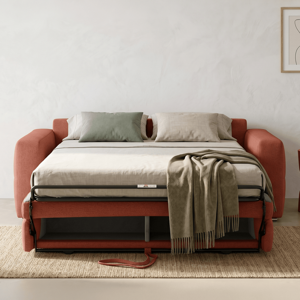 Cassian - Canapé Capitonné Convertible 3 Places en Tissu Chenille - Ouverture Express - Terracotta
