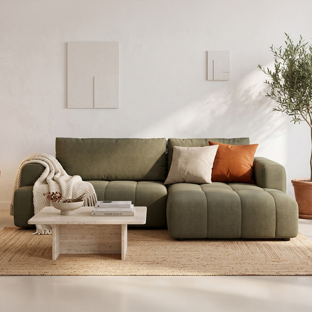 Karl - Canapé d'Angle à Droite Convertible 4 Places en Tissu Chenille - Ouverture Rapide - Vert Olive