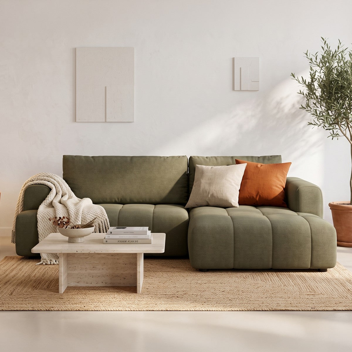 Karl - Canapé d'Angle à Droite Convertible 4 Places en Tissu Chenille - Ouverture Rapide - Vert Olive