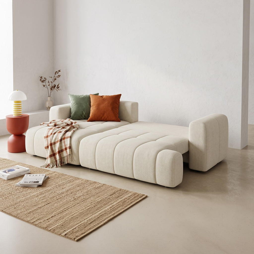 Karl - Canapé d'Angle à Gauche Convertible 4 Places en Tissu Chenille - Ouverture Rapide - Beige