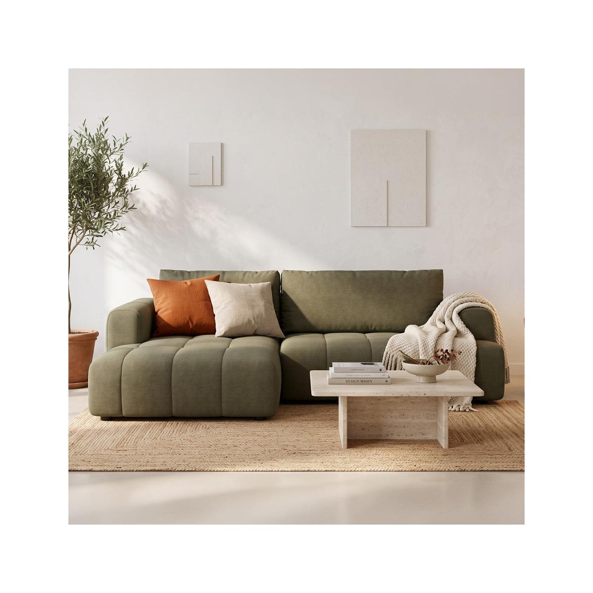 Karl - Canapé d'Angle à Gauche Convertible 4 Places en Tissu Chenille - Ouverture Rapide - Vert Olive