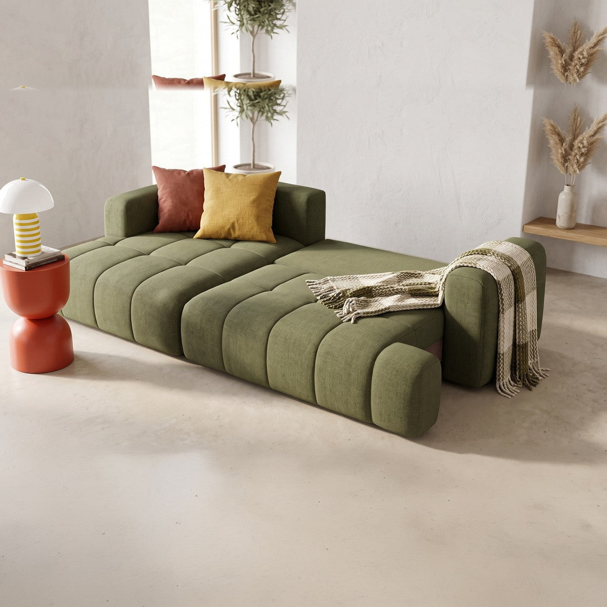 Karl - Canapé d'Angle à Gauche Convertible 4 Places en Tissu Chenille - Ouverture Rapide - Vert Olive