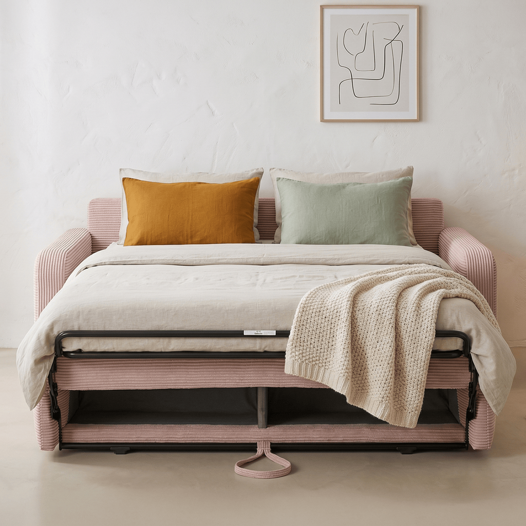 Lumio - Canapé Droit Convertible 3 Places en Velours Côtelé - Ouverture Express - Rose Pâle