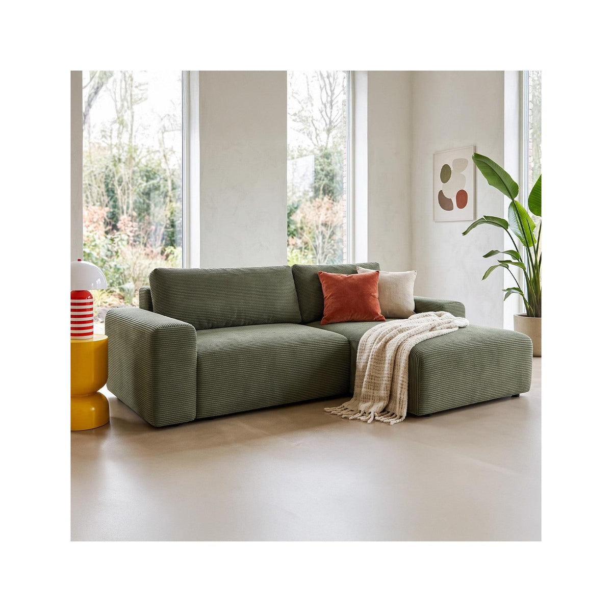 Luno - Canapé d'Angle Réversible Convertible 5 Places avec Coffre de Rangement en Velours Côtelé - Vert Kaki