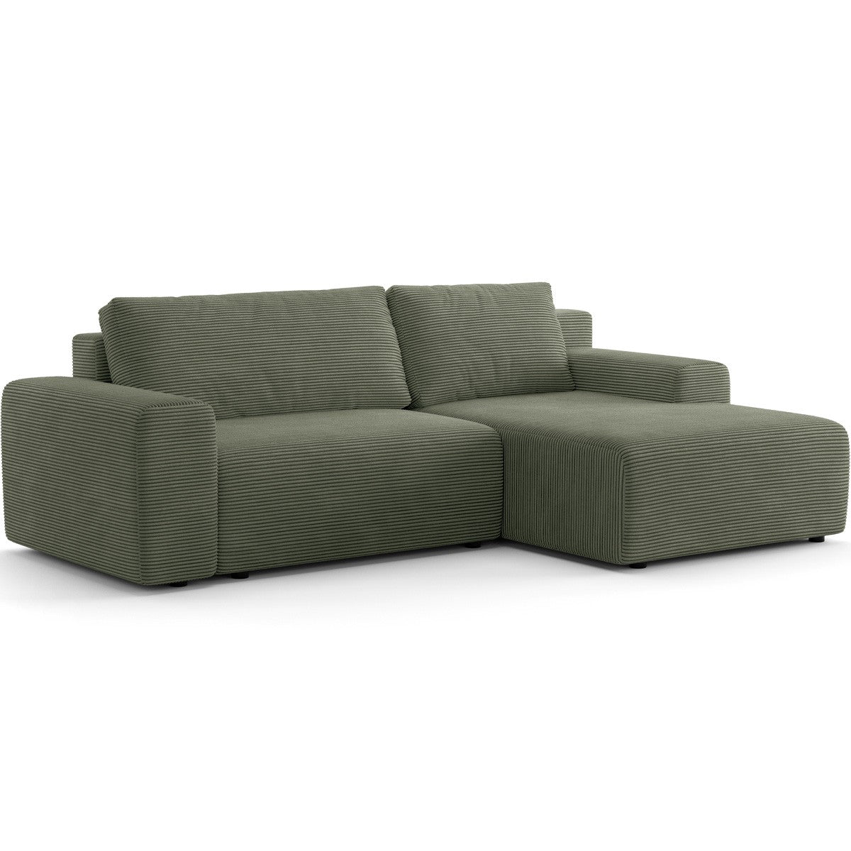 Luno - Canapé d'Angle Réversible Convertible 5 Places avec Coffre de Rangement en Velours Côtelé - Vert Kaki