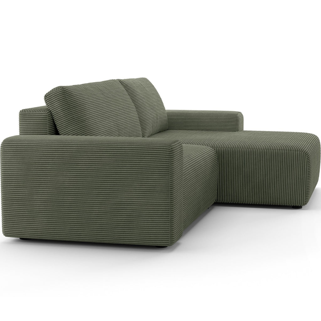 Luno - Canapé d'Angle Réversible Convertible 5 Places avec Coffre de Rangement en Velours Côtelé - Vert Kaki