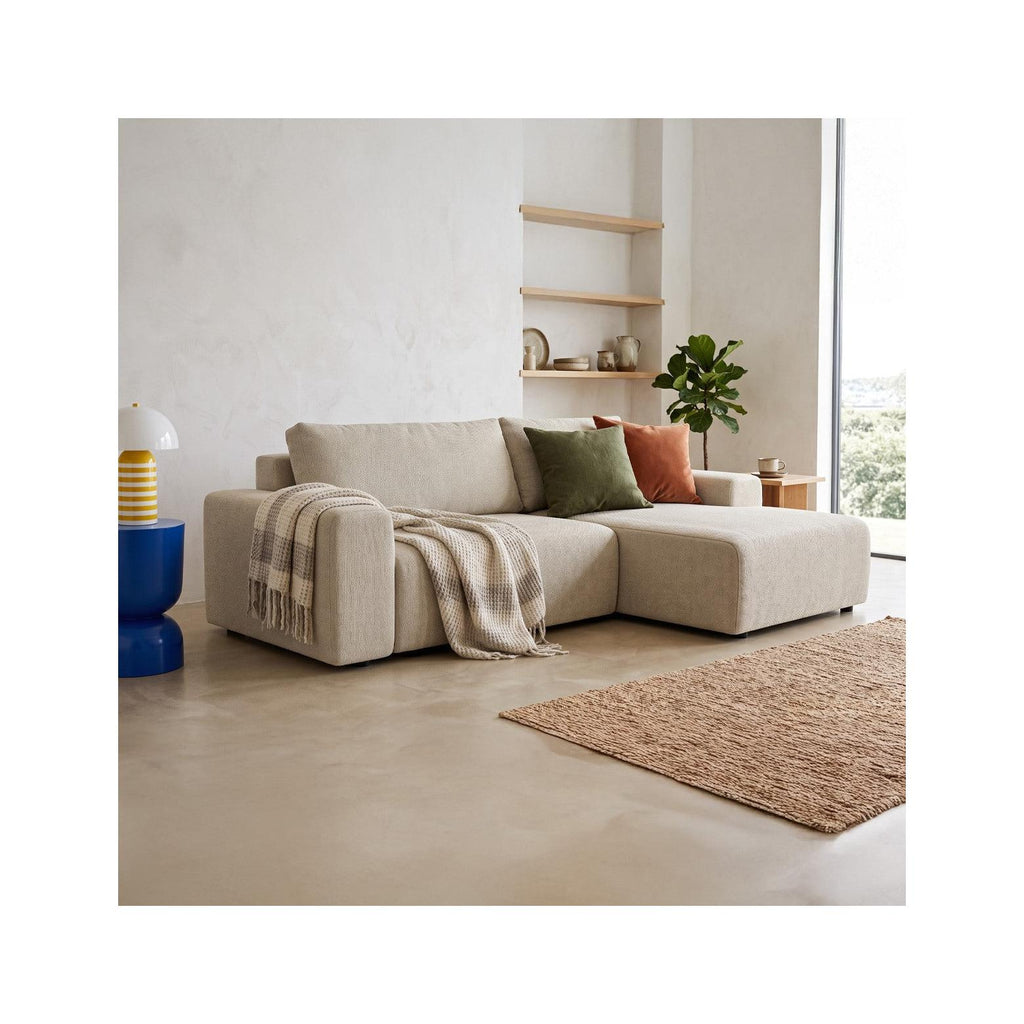 Luno - Canapé d'Angle Réversible Convertible 5 Places avec Coffre de Rangement en Tissu Chenille - Beige