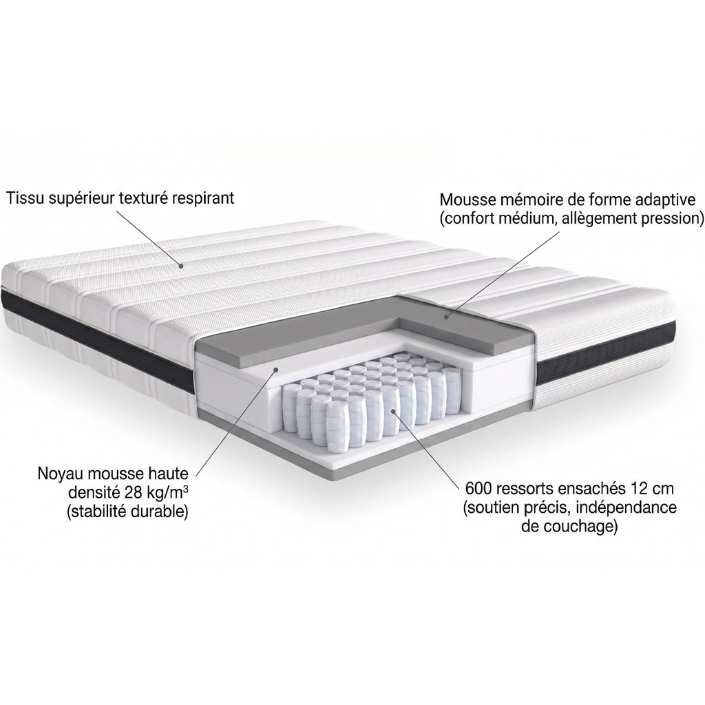 Hygiospring - Matelas Ressorts Ensachés 160x200 - Mousse HR - Blanc