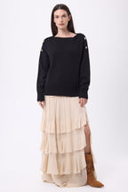 Icone Gold Button Crew Neck Jumper - Black - Women