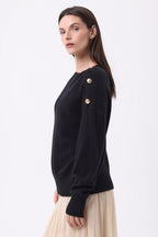 Icone Gold Button Crew Neck Jumper - Black - Women