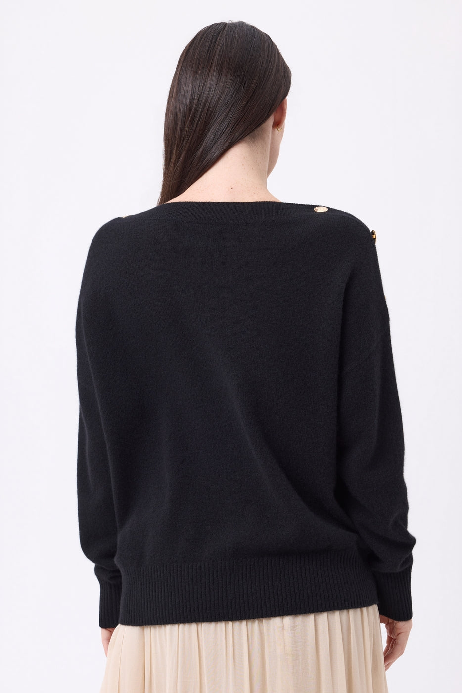 Icone Gold Button Crew Neck Jumper - Black - Women