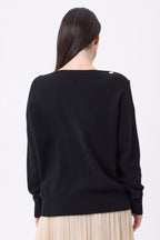 Icone Gold Button Crew Neck Jumper - Black - Women