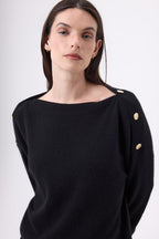 Icone Gold Button Crew Neck Jumper - Black - Women