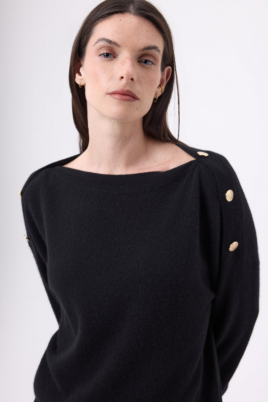 Icone Gold Button Crew Neck Jumper - Black - Women