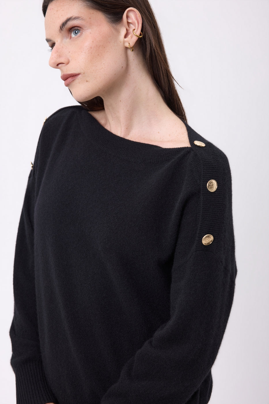 Icone Gold Button Crew Neck Jumper - Black - Women