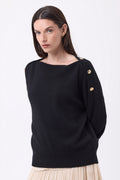 Icone Gold Button Crew Neck Jumper - Black - Women