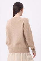 Pull Col Rond Boutons Dorés Icone - Beige Creme - Femme