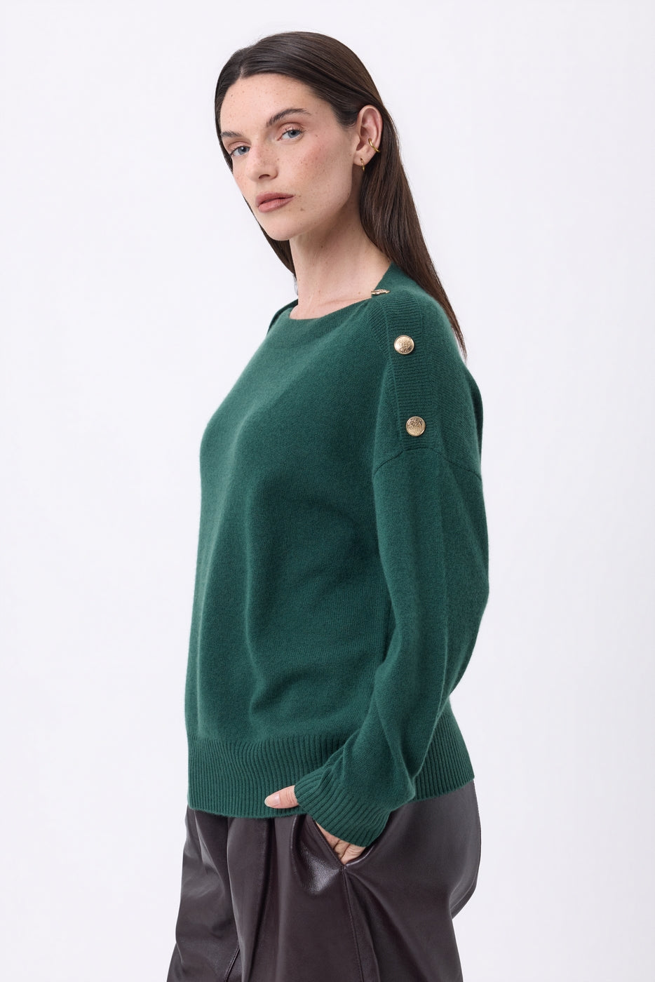 Pull Col Rond Boutons Dorés Icone - Beige Creme - Femme