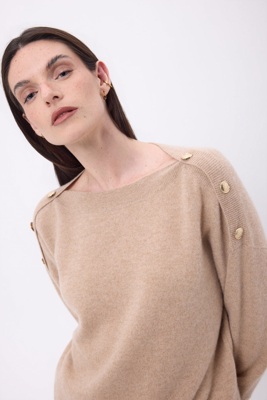 Pull Col Rond Boutons Dorés Icone - Beige Creme - Femme