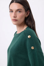 Pull Col Rond Boutons Dorés Icone - Beige Creme - Femme