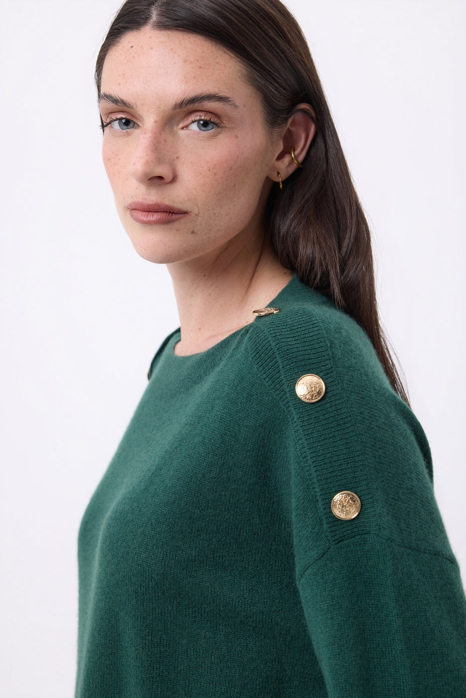 Pull Col Rond Boutons Dorés Icone - Beige Creme - Femme