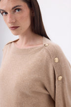 Pull Col Rond Boutons Dorés Icone - Beige Creme - Femme