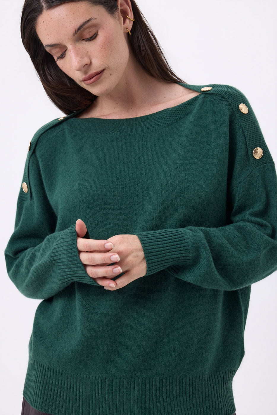 Pull Col Rond Boutons Dorés Icone - Beige Creme - Femme