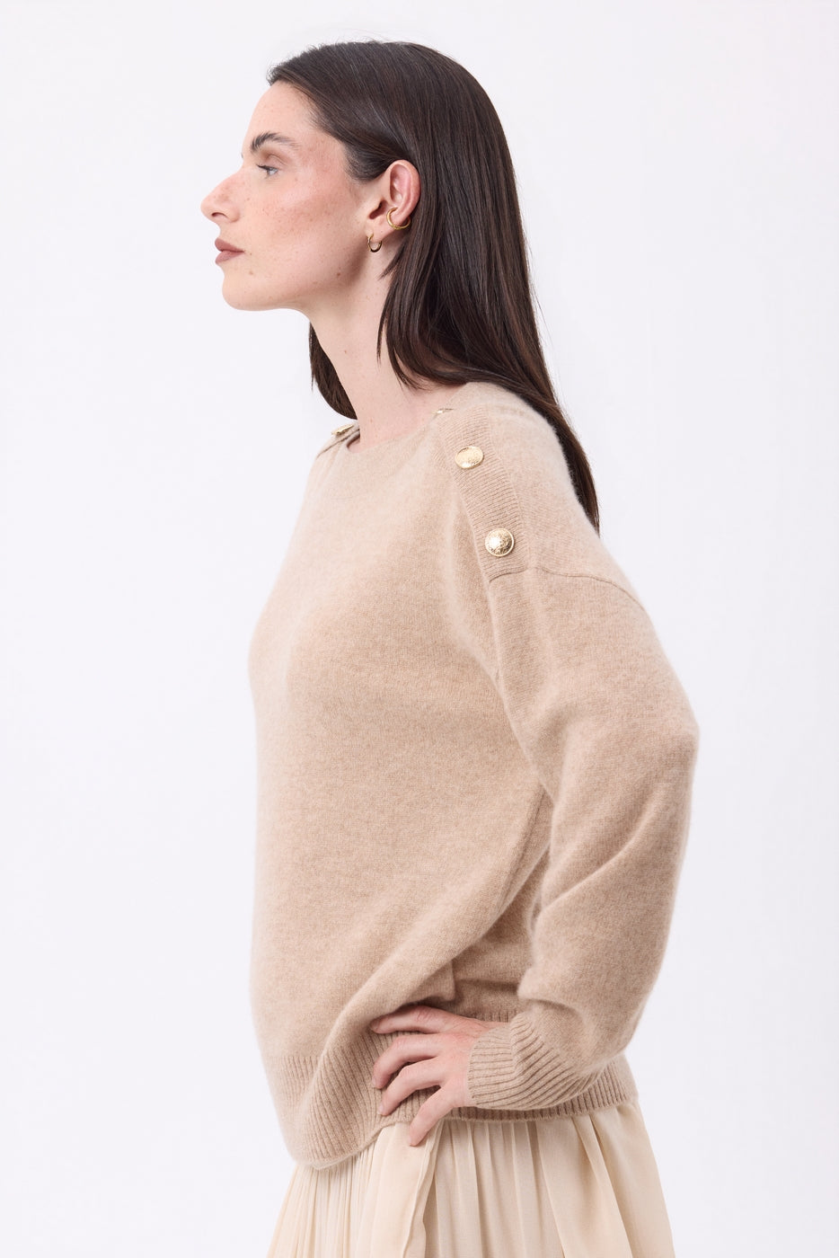 Pull Col Rond Boutons Dorés Icone - Beige Creme - Femme
