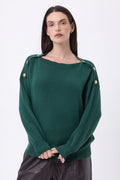 Pull Col Rond Boutons Dorés Icone - Beige Creme - Femme