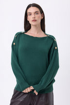 Pull Col Rond Boutons Dorés Icone - Beige Creme - Femme